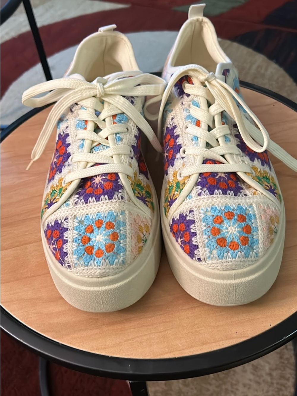 Women's Crochet Patchwork Lace-Up Sneakers in Cream with Multicolor Accents